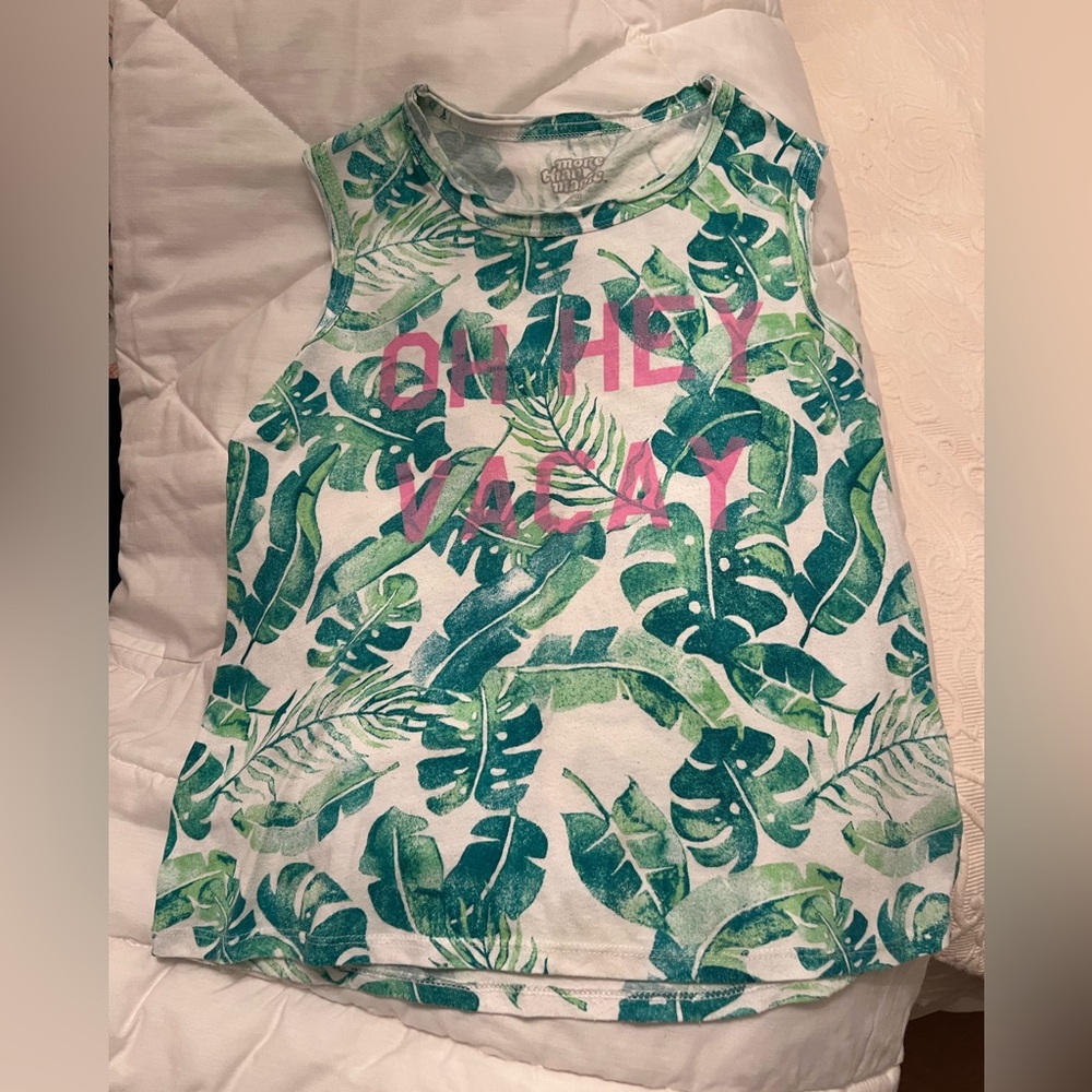 More than Magic Green and Pink Tropical Tank Top "oh hey vacay" girl large 10/12